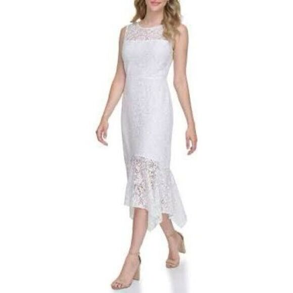 NWT Kenzie white sleeveless asymmetric midi dress,  White floral lace Size 6 - Picture 2 of 10